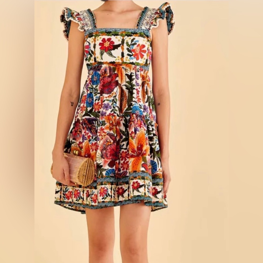 FARM Rio Off-White Tropical Yard Sleeveless Floral Mini Dress M Medium Pre-Loved